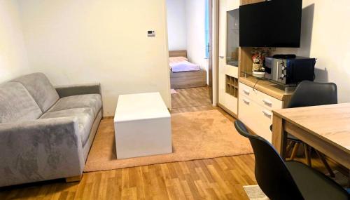 a living room with a couch and a table at Zentrale Ferienwohnung Petrovic in Kapfenberg
