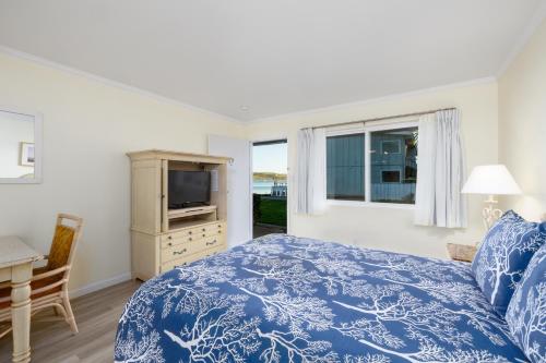 a bedroom with a bed and a tv and a window at Tomales Bay Lodge and Marina Inc in Inverness