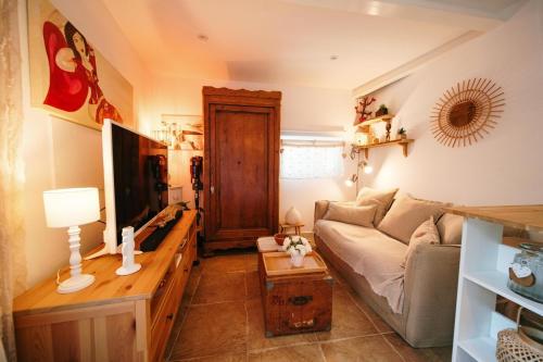 a living room with a couch and a tv at Charmant 2 pièces proche centre ville et mer in Saint-Raphaël