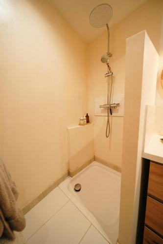 a small bathroom with a shower and a sink at Charmant 2 pièces proche centre ville et mer in Saint-Raphaël