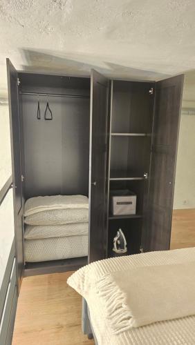 a room with a closet with a bed in it at BlueLoft Kaunas in Kaunas