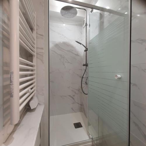 une douche avec une porte vitrée dans une salle de bain dans l'établissement Studio aux pieds de la Marina avec wifi et clim, à Canet