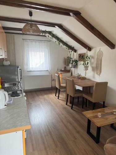 a kitchen and dining room with a table and chairs at Apartments Aida in Bihać