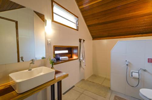 a bathroom with a sink and a mirror at Pousada Colher de Chá - chalés in Visconde De Maua