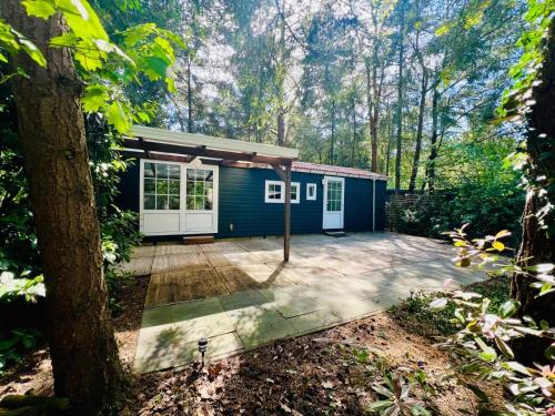 a blue tiny house in the woods at Hooglander rust, Boschaletje in Hattemerbroek