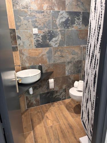 a bathroom with a sink and a toilet at Hotel Le Gambetta in Bergerac