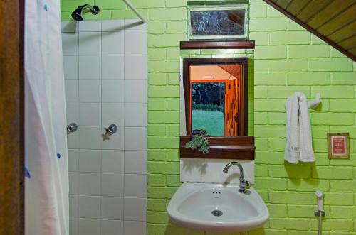 a green bathroom with a sink and a mirror at Pousada Colher de Chá - chalés in Visconde De Maua