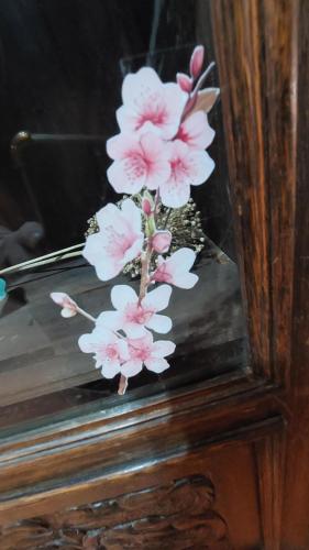a bunch of pink flowers in a mirror at Cal Mitger in Viñaixa