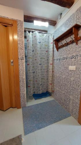 a bathroom with a shower with a blue rug at Cal Mitger in Viñaixa