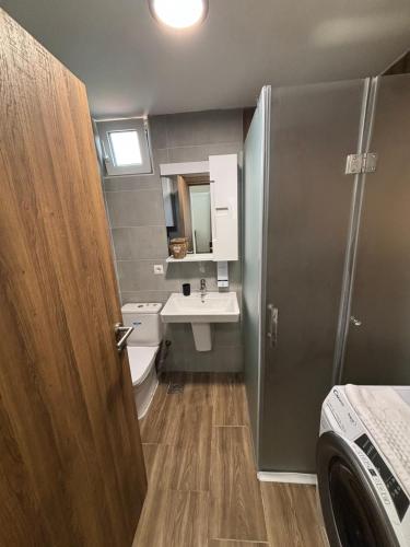 a bathroom with a sink and a toilet and a door at NINA LUX Apartment in Mavrovo