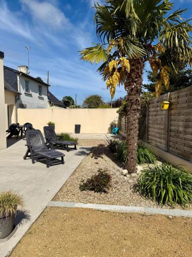 a patio with two benches and a palm tree at Gîte de Kergalet in Pléguien