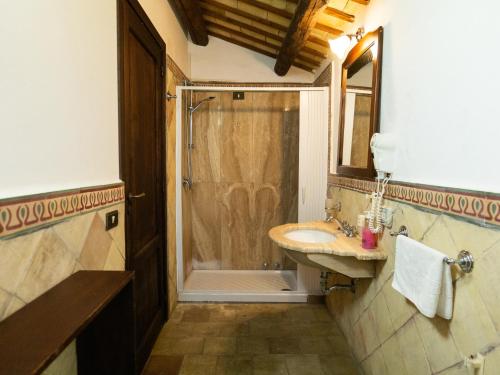 a bathroom with a shower and a sink and a mirror at Agriturismo Baglio Fontana in Buseto Palizzolo