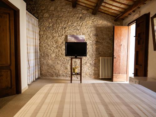 a room with a tv on a stone wall at Agriturismo Baglio Fontana in Buseto Palizzolo