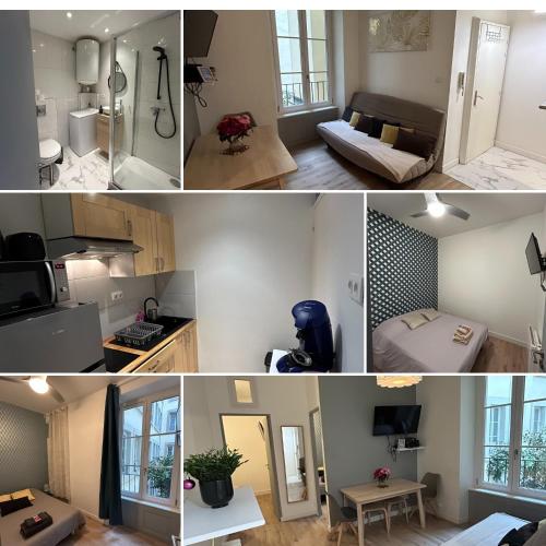 un collage de trois photos d'une pièce dans l'établissement Logement au centre de Strasbourg, à Strasbourg
