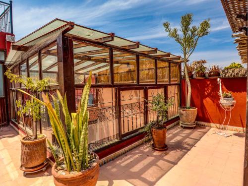 a greenhouse with potted plants on a patio at Keriad - Magnifique Riad - Rooftop - 8 Px in Aourir