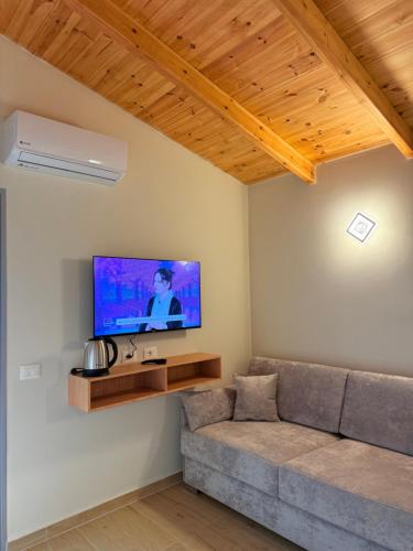 a living room with a couch and a flat screen tv at Arial Trinity Suites in Vlorë