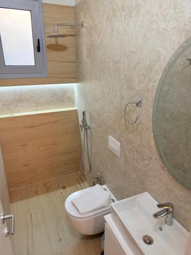 a bathroom with a toilet and a sink and a mirror at Arial Trinity Suites in Vlorë