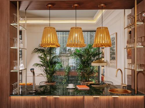 a room with a counter with potted plants and lights at Hôtel Zélie in Paris