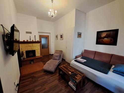 a living room with a couch and a fireplace at Apartment PARK VIEW in Mariánské Lázně