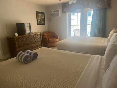a bedroom with two beds and a television and a chair at Beso Del Sol Resort in Dunedin