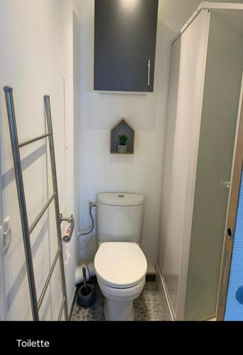 une petite salle de bain avec toilettes et douche dans l'établissement Studio les Sablettes vue mer, à La Seyne-sur-Mer