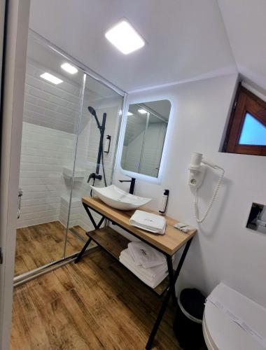 a bathroom with a sink and a shower at Casa Germana Straja in Straja