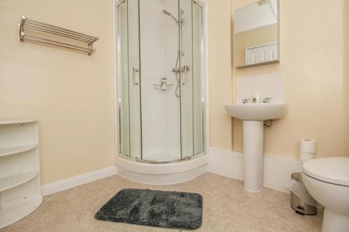 a bathroom with a shower and a sink and a toilet at Harris Guest Accommodation in Oxford