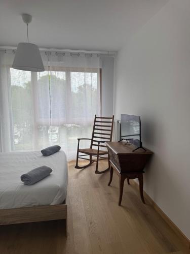 une chambre avec un lit, un bureau et une chaise dans l'établissement O'petit nid sauge T2 45m place de parking, à Aix-les-Bains