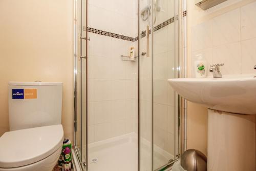 a bathroom with a shower and a toilet and a sink at Harris Guest Accommodation in Oxford