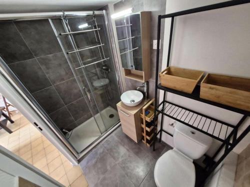 une petite salle de bain avec toilettes et douche dans l'établissement Résidence Grande Bleue - VILLA T2 MEZZANINE 6 couchages PORT LEUCATE. Réf: 3GB_195 MAE-8333, à Leucate