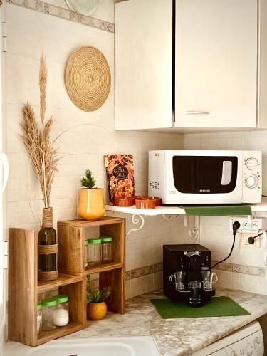 a kitchen with a microwave and a coffee maker on a counter at Cosy calme appartement à la Marsa in La Marsa