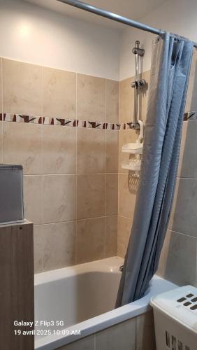 La salle de bains est pourvue d'une baignoire avec rideau de douche. dans l'établissement appartement bord de Mer, à Santa-Lucia-di-Moriani