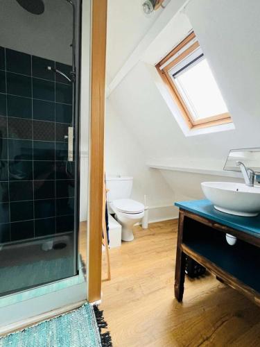 une salle de bain avec un lavabo et des toilettes dans l'établissement Résidence R42-pleumeur Bodou - Maison de charme près de la plage MAE-3754, à Pleumeur-Bodou