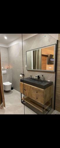 une salle de bain avec un lavabo et un miroir et des toilettes dans l'établissement Spa&love, à Istres