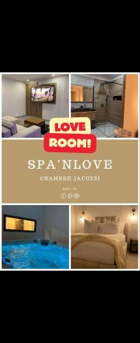 un collage de photos d'une chambre avec un lit et une télévision dans l'établissement Spa&love, à Istres