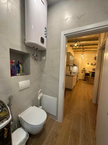 a bathroom with a white toilet in a room at Ana & Angelo House Vuno Himare in Vuno