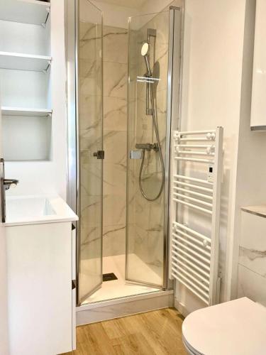 une douche dans une salle de bain avec toilettes et lavabo dans l'établissement Résidence Joigny - Studio cabine rénové avec vue sur le bassin – Quartier Notre-Dame, Joigny MAE-8924, à Arcachon