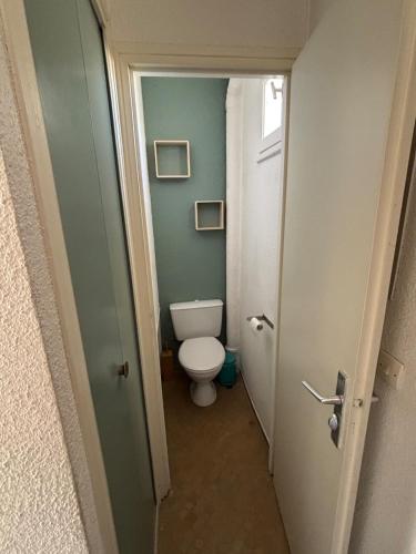 - une petite salle de bains avec des toilettes et une porte dans l'établissement 150m plage de la conque et commerces appartement 4p, au Cap d'Agde