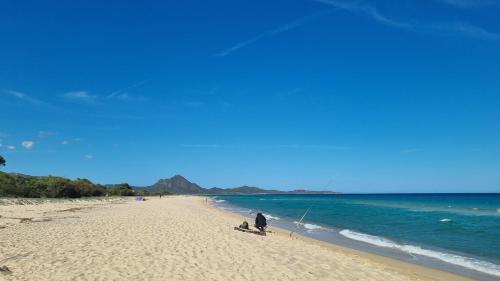 eine Person, die mit einem Drachen am Strand steht in der Unterkunft Ferienunterkunft in Costa Rei in Costa Rei