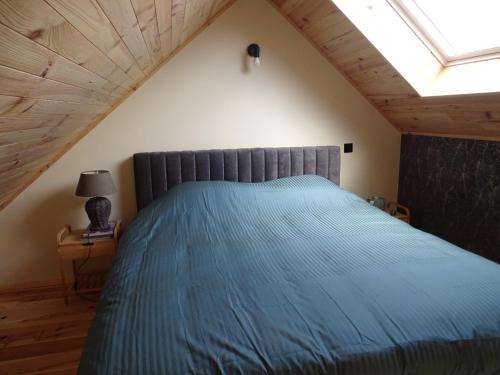 a bedroom with a blue bed with a skylight at Au Temps de Pierre - Gîte avec Bain Nordique in Gesves