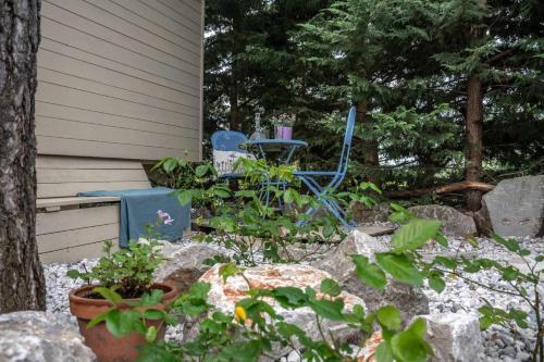 a blue chair sitting in a yard next to a house at mobile house on a herbs farm in Ajdovščina