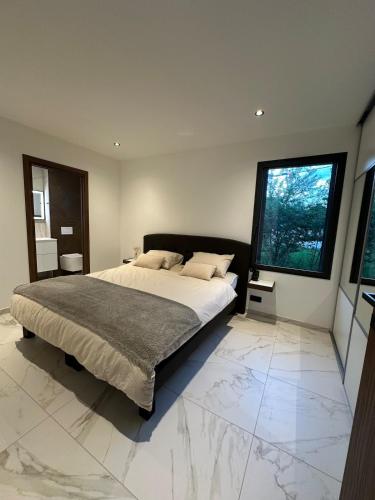 une chambre avec un grand lit et une grande fenêtre dans l'établissement Villa belle rive RdC, à Sévrier