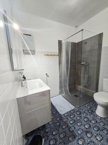 une salle de bain avec une douche, un lavabo et des toilettes dans l'établissement Cocon pour 2 - vue sur le clocher, à Moustiers-Sainte-Marie