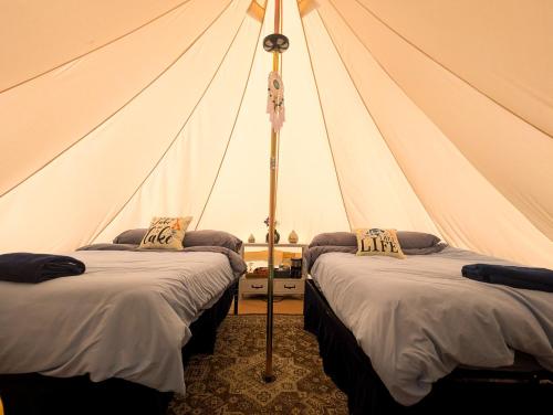 a tent with two beds in a room at Bells Marina & Fishing Resort - Santee Lake Marion by I95 - Family Adventure, Pets on Request! in Eutawville