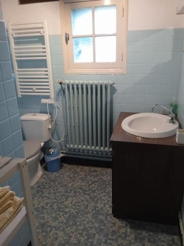 La salle de bains est pourvue de toilettes, d'un lavabo et d'un radiateur. dans l'établissement chambre indépendante à la campagne, à Allès-sur-Dordogne