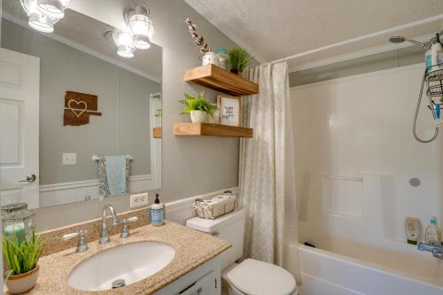 a bathroom with a sink and a toilet and a mirror at Noteworthy Cabin Grill, Walk to Beaver Lake! in Rogers