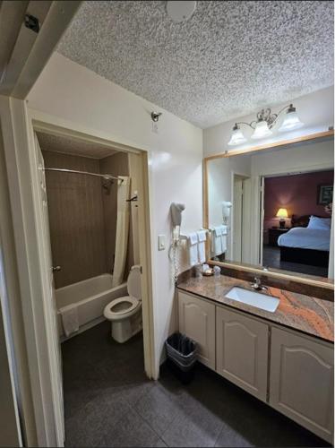 a bathroom with a sink and a toilet and a mirror at Royal Suites Baton Rouge near LSU and Airport in Baton Rouge