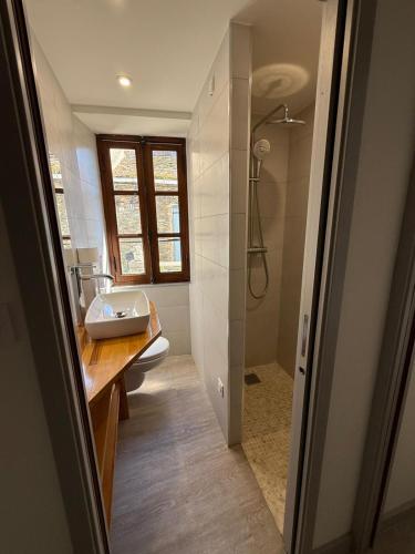 une salle de bain avec un lavabo, des toilettes et un miroir dans l'établissement Maison entre mer et montagne à Canari, à Canari