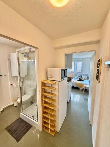 Il comprend une cuisine équipée d'un four micro-ondes et d'un réfrigérateur. dans l'établissement Studio Calme et Confort - Saint-Cyprien - Pont Neuf, à Toulouse