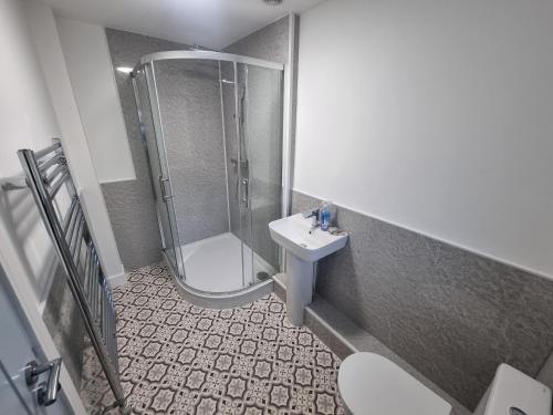 a bathroom with a shower and a sink at Tanerdy - Professional units with shared communal areas in Carmarthen